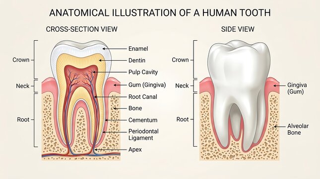 Human tooth anatomy educational illustration cross section and side