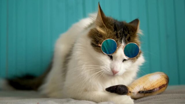 Funny fluffy cat wearing cool blue sunglasses playing with and licking a stuffed fish toy against a teal wall.