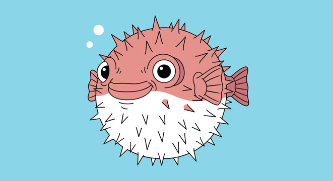 Cute pink and white pufferfish with large eyes swimming on a light blue background with small floating air bubbles.