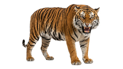 Fototapeta premium Powerful bengal tiger roaring showing fangs majestic striped predator isolated on transparent background.