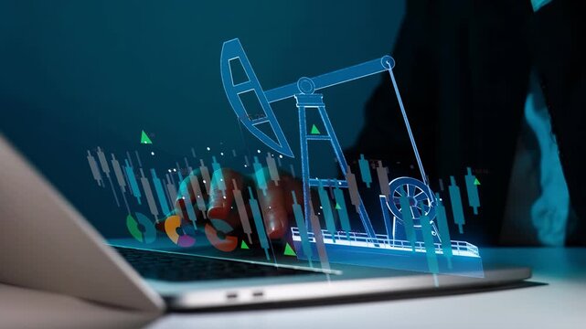 Computer screen shows oil pump visualization with financial charts in background during work hours