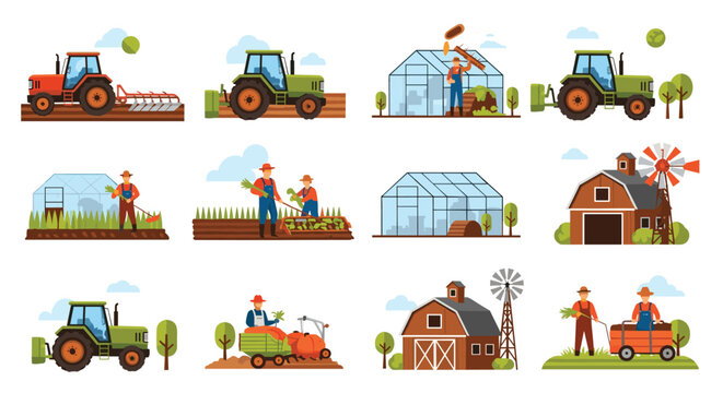 Agricultural set featuring tractors farmers working in greenhouses barn structures windmills and harvesting various vegetables on a farm.