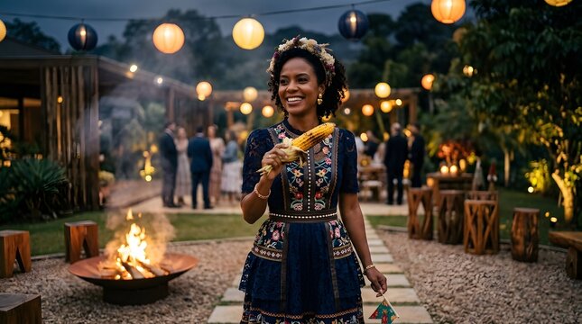 Woman eating roasted corn outdoors at night