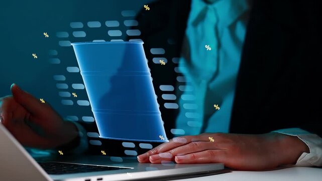 Digital data analysis and oil barrel representation in an office setting during evening hours