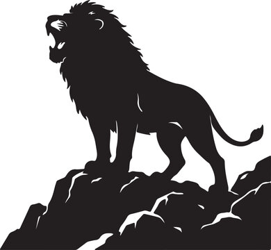 Roaring lion silhouette on rocky outcrop powerful wildlife illustration