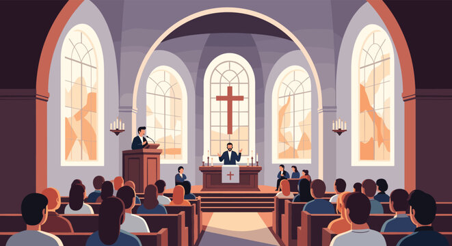 Interior view of a peaceful church with people sitting in wooden pews listening to a priest speaking at the altar during service.
