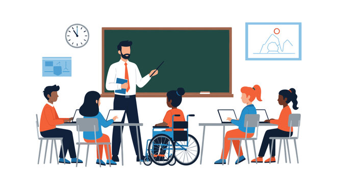 Diverse students in an inclusive classroom with a male teacher including a young girl in a wheelchair using laptops for learning.
