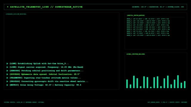 Futuristic satellite telemetry link interface screen with green computer code digital data uplink status and orbital tracking monitoring dashboard.