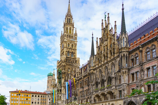view of Marienplatz with the New Town Hall and historic architecture in Munich, Germany