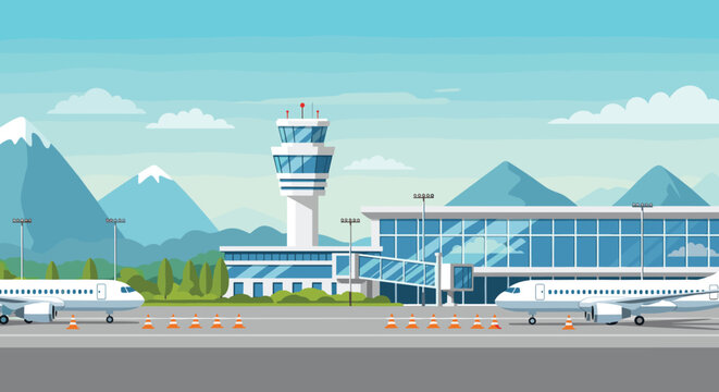 Modern airport terminal scene with passenger airplanes on the runway, a control tower, and a mountain range in the distant background landscape.