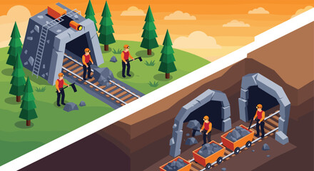 Obraz premium Isometric view of a mining site showing the surface entrance with miners and an underground tunnel system with tracks and mineral carts.