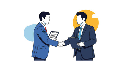 Fototapeta premium Two professional businessmen in suits shaking hands while holding clipboards against a simple background with abstract circular shapes.