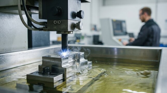 EDM Spark Machining Metal Part in Dielectric Fluid, commercial stock photography, clear main subject, practical lifestyle context, realistic textures, neutral unbranded objects, clean background,