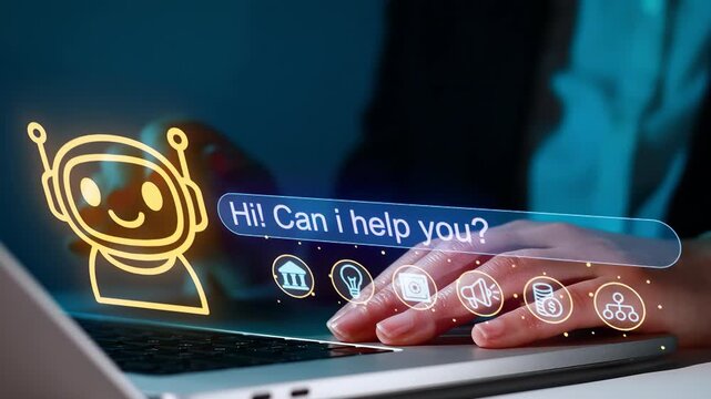 Virtual assistant on a laptop screen offering help to a user during an online session