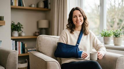 Obraz premium Woman with broken arm wearing sling, recovery portrait, everyday medical support and gentle lifestyle moment indoors, natural light, clean commercial composition, neutral unbranded details, authentic