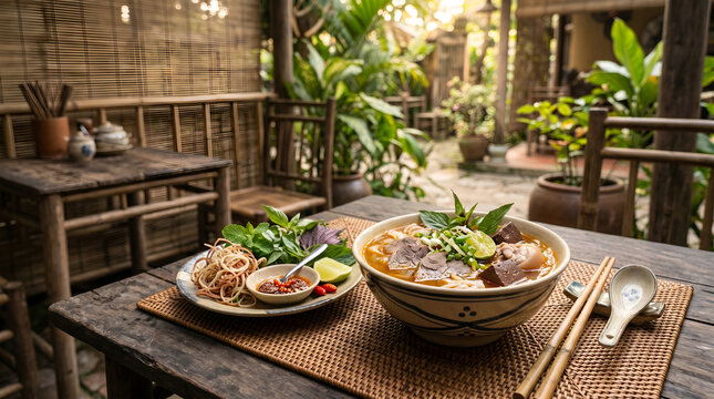 Traditional Bun Bo Hue showcased in a cultural food tourism setting. Perfect for destination marketing, travel campaigns, and culinary heritage promotion.