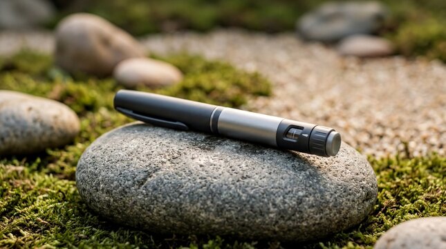 Sleek Medical Injection Pen on Zen Garden River Stone for Wellness and Weight Loss Editorial Use