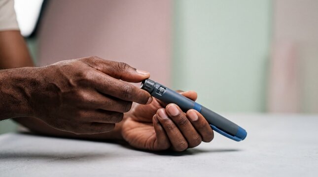 Black Male Hands Adjusting Medical Injection Pen for Diabetes and Weight Loss Treatment