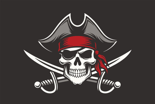 Pirate skull wearing a captain hat and a red bandana positioned over two crossed pirate cutlass swords on dark grey.