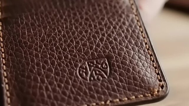 Brown leather wallet close-up texture.