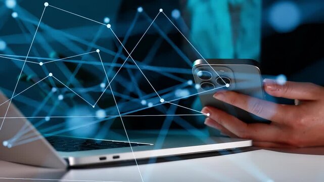 Person holds a smartphone and works on a laptop while using data or technology in a modern setting