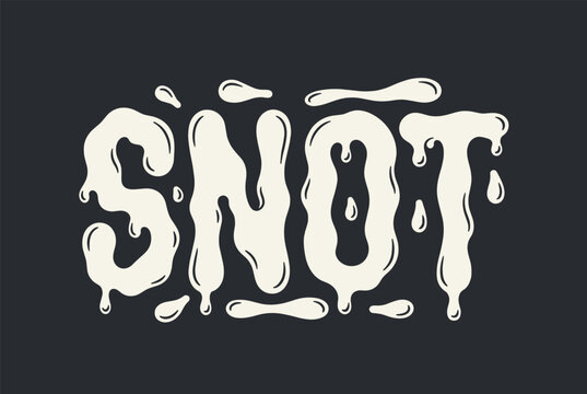 Creative typography for the word SNOT written in a dripping, gooey, and melting font style against a dark background.