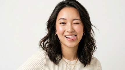 Fototapeta premium Beautiful young Asian woman portrait winking and sticking out tongue, playful beauty expression fashion studio concept youth charm confidence and fun personality, clean bright background, soft light,