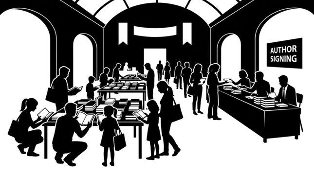 Black and white illustration of people at an author signing event in a large room with books and arched windows