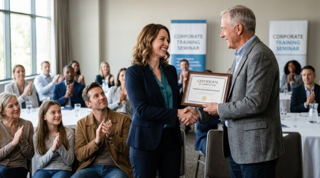 Smiling businesswoman receiving certificate during corporate training seminar, human connection, family, workplace, support, celebration and authentic emotional lifestyle concept, clear main subject,