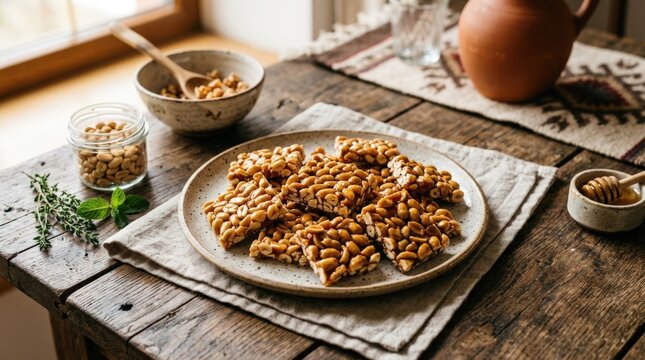 Kozinaki with peanuts, dessert, gozinaki, traditional Georgian cuisine, no people, appetizing culinary scene, homemade food styling, fresh ingredients, restaurant menu concept, recipe blog image,