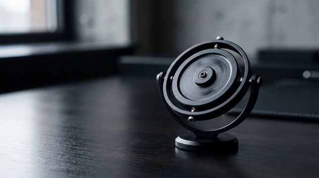 Matte Black Metallic Gyroscope Spinning on Dark Minimalist Desk for Tech Website Hero Banner