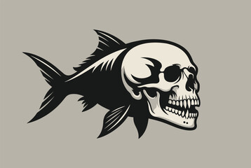 Fototapeta premium Edgy graphic design of a fish silhouette combined with a realistic human skull head on a neutral grey background for a unique emblem.