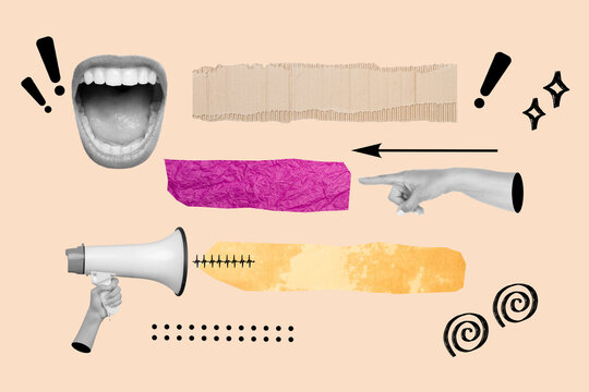 Collage de una boca abierta, una mano sosteniendo un megafono y un dedo se&ntilde;alando. Vista de frente y de cerca. Copy space