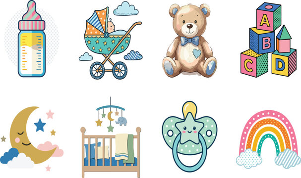 Cute baby shower and nursery vector illustration bundle with feeding bottle stroller teddy bear alphabet blocks crib pacifier and baby shower and nursery vector illustration bundle with feeding 
