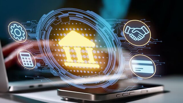 Digital banking technology connects users to financial services through mobile devices in a modern office setting