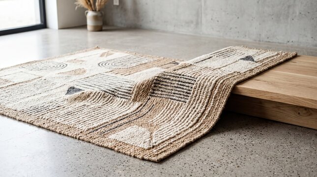 Minimalist Japandi Wool and Jute Rug on Concrete Floor for Modern Home Decor Banner