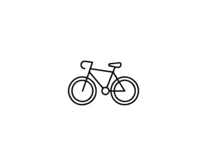 Fototapeta premium Minimalist black-and-white line drawing of a bicycle with two circular wheels, triangular frame, pedals, handlebars, and a small blue dot near the center; stylized transportation and recreation