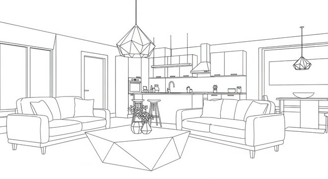 Modern living room, interior design, line art, furniture layout, home decor