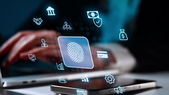 Digital security is displayed on a smartphone with various icons representing technology and finance in a modern workspace