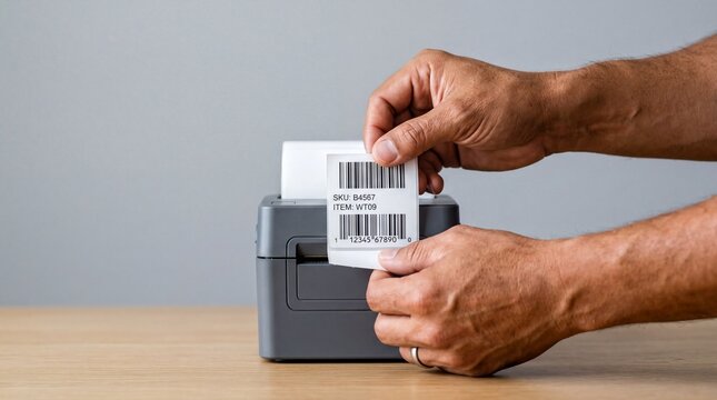 Latino Male Hands Peeling Barcode Label from Desktop Printer in Minimal Workspace for Ecommerce Banner