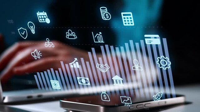 Hands working on a smartphone while graphs and icons are displayed on a screen representing data and analytics in business settings