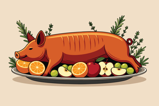 Whole roasted pig is served on a large platter surrounded by fresh fruit like apples and oranges along with sprigs of rosemary herbs.
