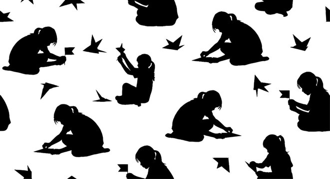 Silhouette figures folding origami paper cranes repeatedly.