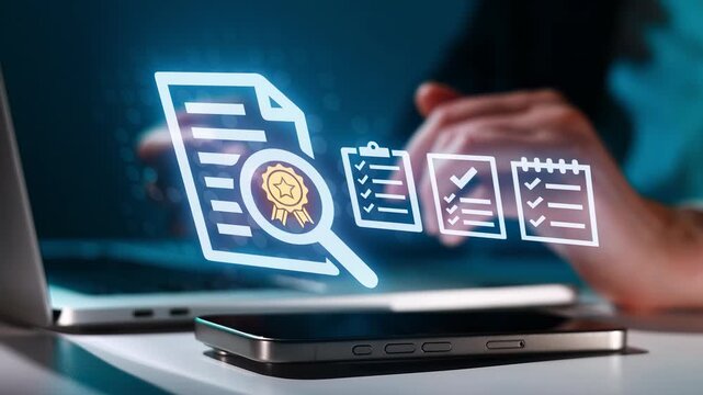 Working on a checklist and quality control for digital documents during office hours in a modern workspace