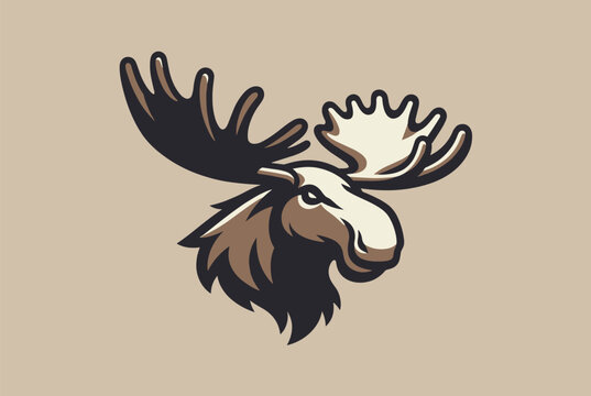 Stylized profile illustration of a powerful moose head with large impressive antlers on a muted beige background.