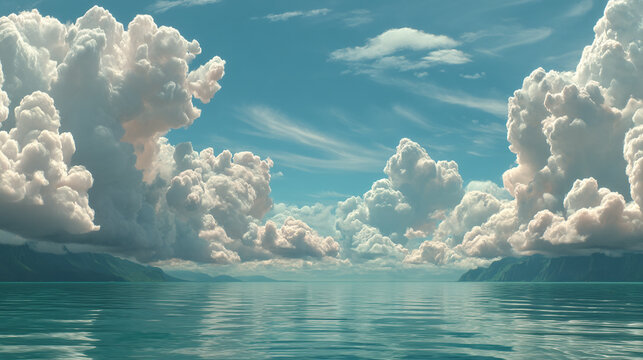 Large billowing white cumulus clouds over a calm turquoise ocean with landscape, seascape