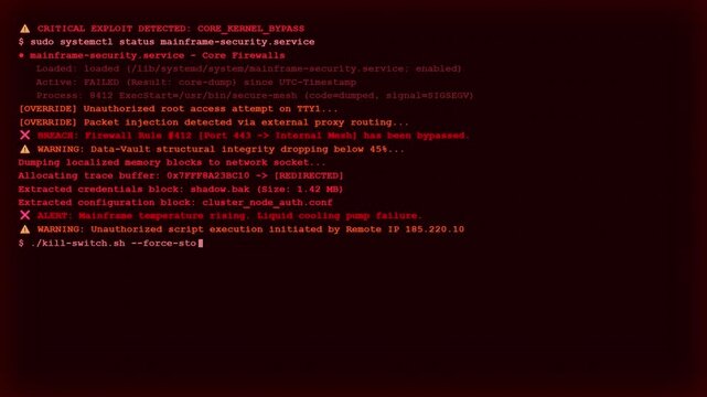 Cybersecurity critical system exploit warning screen with red digital computer terminal code showing mainframe security breach and hacking activity.