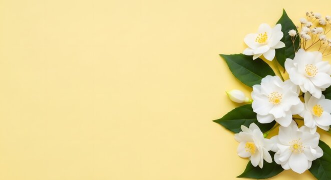 White jasmine flowers with green leaves on a pastel yellow background