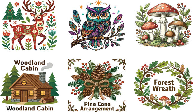 Rustic woodland vector element bundle featuring folk art deer bohemian owl forest mushrooms log cabin pine cones and botanical woodland vector element bundle featuring folk ar