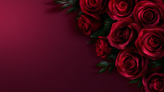 Red roses along the right side with elegant burgundy copy space for romantic design